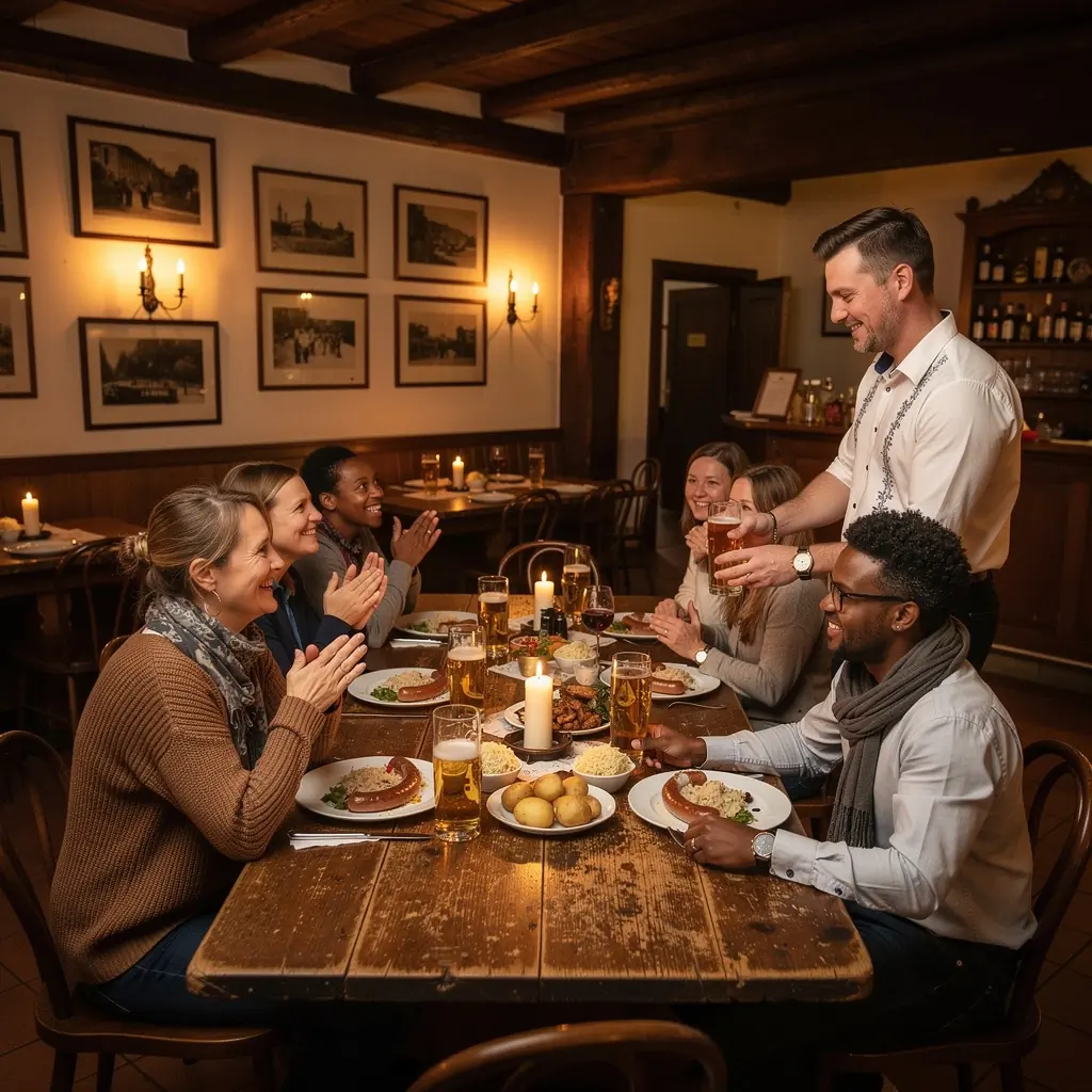 Blick auf einen malerischen Bahnhof in Deutschland mit Reisenden, die ihre Züge erreichen.